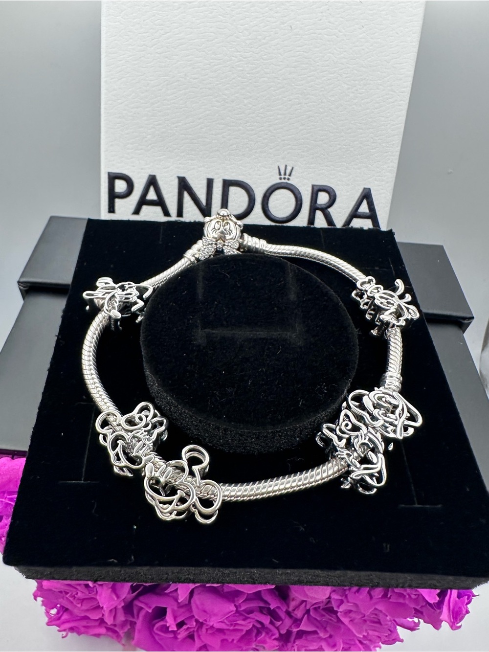 Pandora Disney Silver Openwork Minnie/Mickey/Donald/Daisy/Pluto/Goofy Charm Set